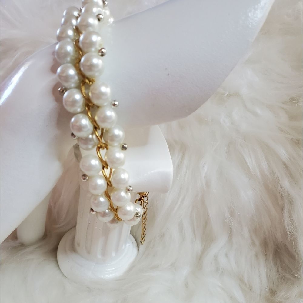 Gold and Pearl Double Stranded Adjustable Bracelet